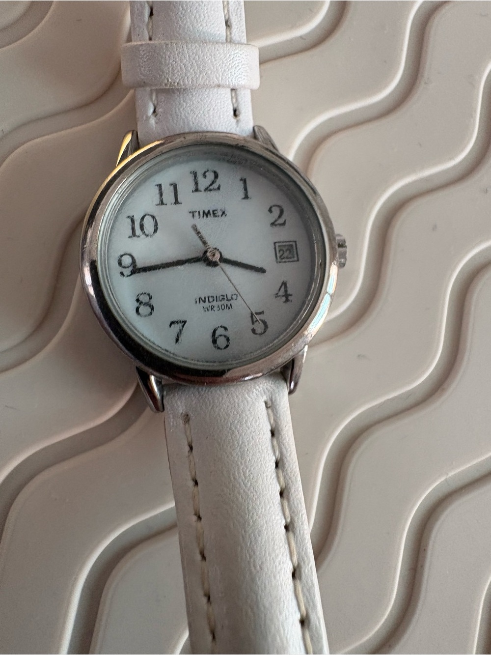 Timex Silver Case White Dial Watch with White Leather Strap
